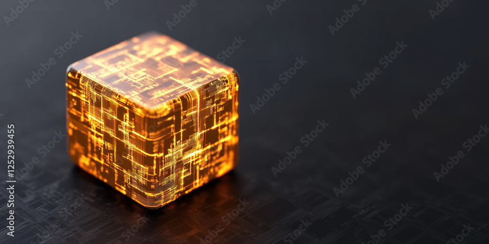 Poster glowing quantum processor cube with intricate circuitry design