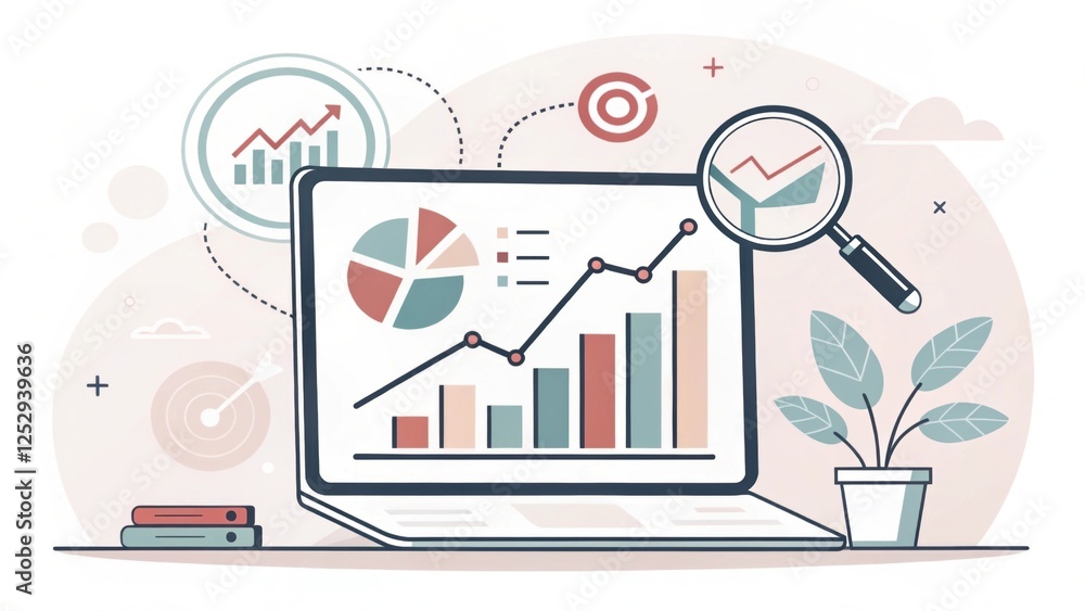 Poster a laptop displaying colorful graphs and charts, surrounded by a magnifying glass and a plant, illust