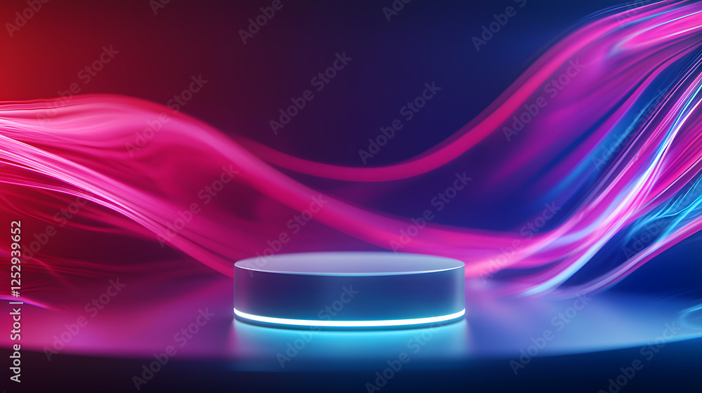 Poster dynamic light waves on a circular platform studio setting digital art high-tech vibe close-up innova