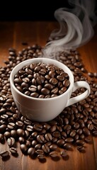 Fototapeta premium Steaming Hot Coffee Beans Overflowing From White Cup on Wooden Table