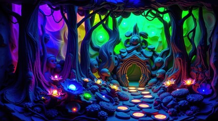 Vibrant fantasy forest scene with colorful lights and mystical entrance, showcasing surreal flora