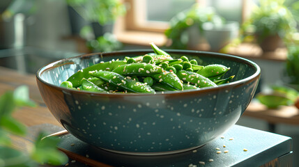 A bowl of stir-fried sugar snap peas with sesame seeds, placed on a modern kitchen counter