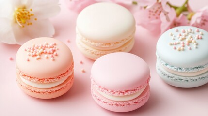 Obraz premium A delightful arrangement of pastel-colored macarons with decorative sprinkles, set on a soft pink background, ideal for food blogs, dessert menus, or event invitations