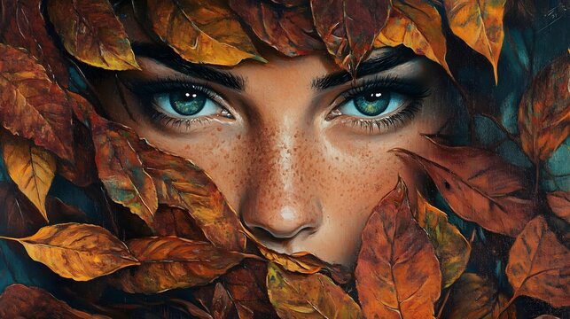 Autumnal Enchantment: A Woman's Face Hidden Amongst Vibrant Fall Leaves