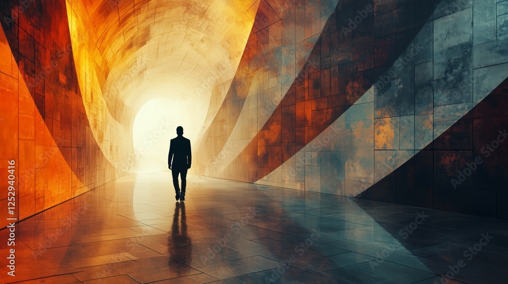 Poster man walking towards bright light in abstract colorful tunnel