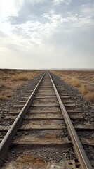 Railroad Tracks Stretching Towards a Horizon Under Cloudy Sky