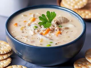 Creamy clam chowder in bowl with vegetables and crackers on side