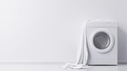 White washing machine positioned on a white floor in a commercial laundry setting realistic photography