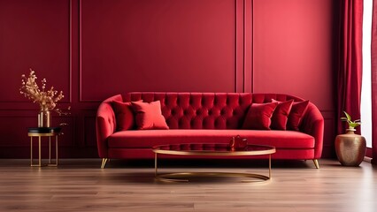 Obraz premium Luxury Table with Sofa Set in Living Room banner with empty space Without Text, Red luxury background, interior furniture design mockup, holiday banner poster background for advertisement ads