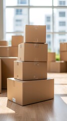 Stack of cardboard boxes for commercial moving and relocation services in a realistic setting