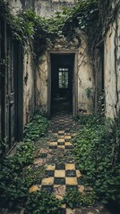 Obraz premium Overgrown Hallway in Abandoned Building with Nature Reclaiming Space