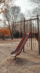 Red Slide in Abandoned Playground Surrounded by Leafless Trees