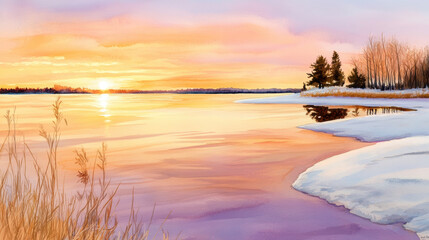 Fototapeta premium serene winter sunset over partially frozen lake, with dusky pinks and purples blending into golden horizon. Snow covered shores contrast with calm, reflective water, creating peaceful atmosphere