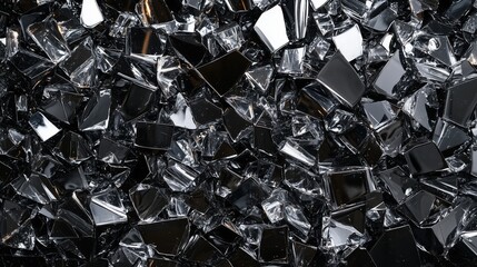 Shimmering Black Glass Fragments on a Reflective Surface Background