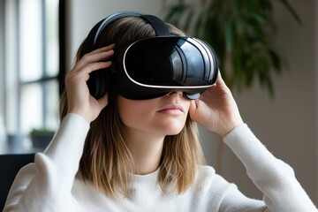 Young Caucasian woman wearing a VR headset and headphones, immersed in a virtual reality experience, sitting indoors in a bright, modern setting, with a focused and curious expression.

