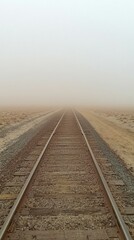 Fototapeta premium Tranquil Railroad Tracks Vanishing into the Foggy Desert Landscape