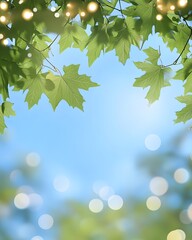 A calming background of blurred green leaves and blue summer sky kissed by soft bokeh lights.
