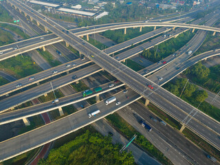 Aerial view intersection city transport asphalt road with car vehicle movement