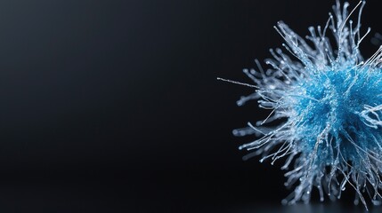 Fototapeta premium Blue virus cell with spiky fibers floats in a dark microscopic environment representing infection and medical research.