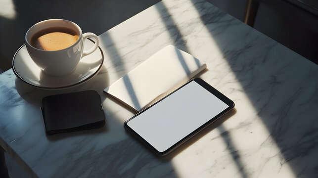 A smartphone with a blank white screen lying on a marble table beside a cup of coffee and a notebook in soft sunlight.


