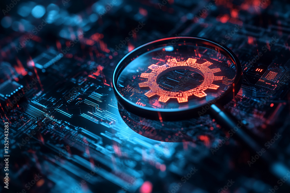 Poster a close-up view of a magnifying glass on a digital circuit board, with a glowing gear symbol, repres