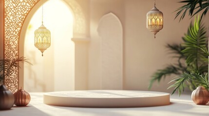 3d render of a decorative podium with islamic motifs for ramadan kareem and eid mubarak, featuring elegant gold accents and a festive background, ideal for celebration banners and islamic holiday gree
