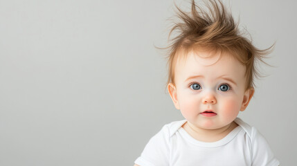 Naklejka premium A baby with a messy hairdo is staring at the camera