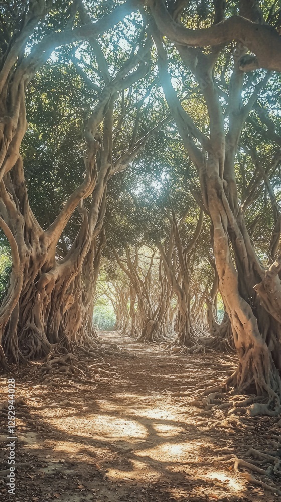 Poster sunlit path through ancient trees with intricate roots and canopy