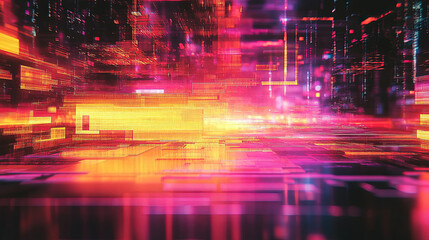 Fototapeta premium A distorted digital glitch artwork with RGB color shifts, pixel drags, and warped neon patterns. The image has a chaotic yet harmonious flow, resembling a computer screen malfunction 