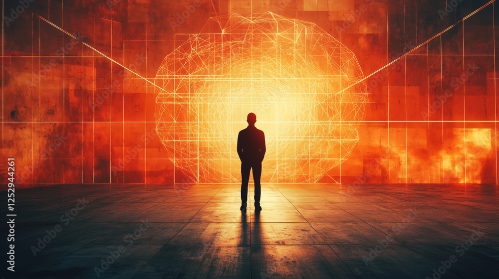 Poster person standing in front of abstract science technology background