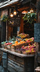 Fototapeta premium Vibrant Market Stand Displaying Fresh Fruits and Vegetables in Baskets