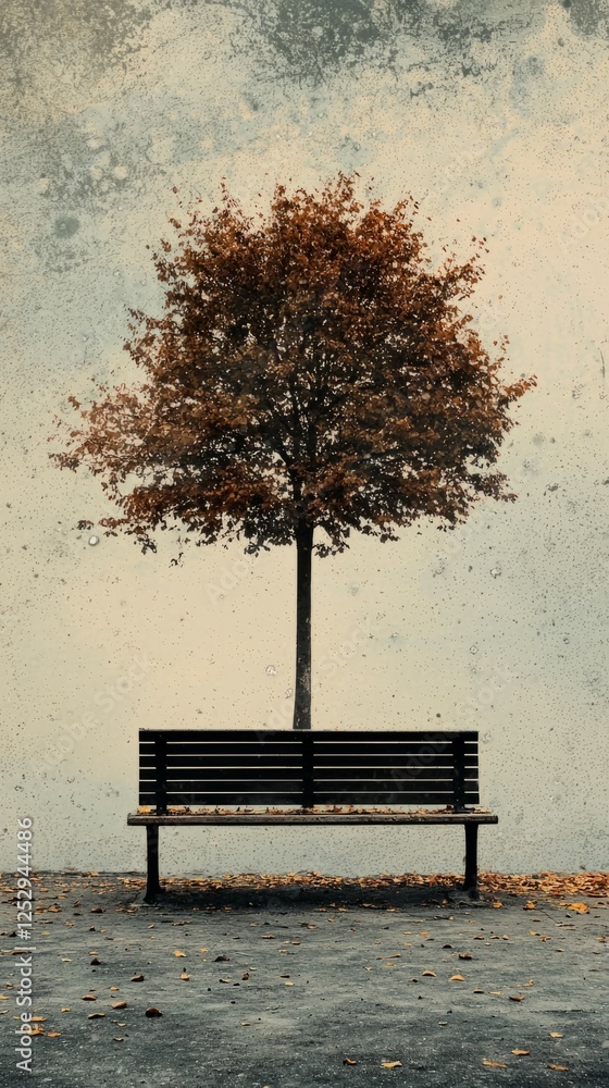 Poster solitary tree above rustic bench in abandoned autumn setting