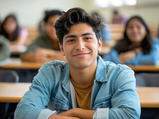 Obraz premium Latino smiling male college student sitting a classroom against blurred background of his colleagues. Close-up. Copy space for text.