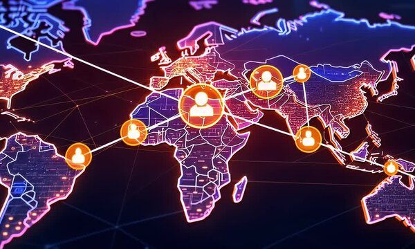 Global network connection, digital world map, communication, online collaboration, background data flow, for technology concepts