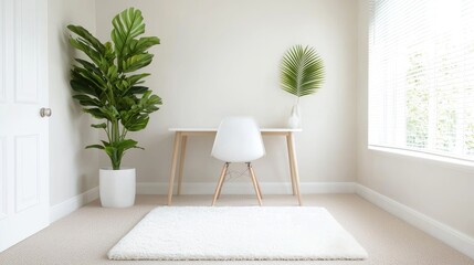 Minimalist home office with plants, desk, and rug