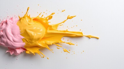 Colorful splash of pink and yellow paint on a white background creating an artistic abstract design
