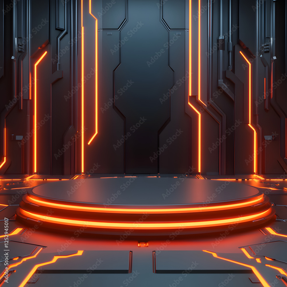 Poster futuristic stage setup high-tech studio visual display neon lighting wide angle modern design for pe