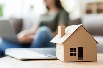 Woman selecting new house on laptop at home, 