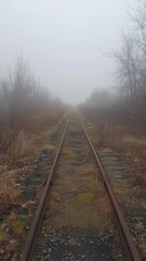 Foggy Train Tracks in Overgrown Landscape on Misty Morning