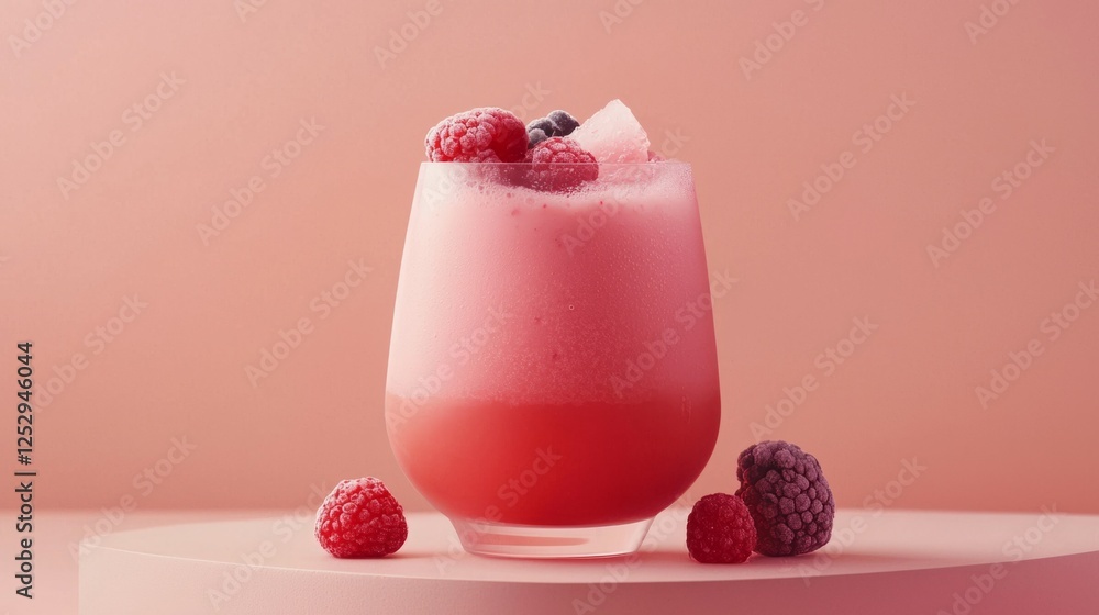 Poster refreshing raspberry beverage with berries on pastel background