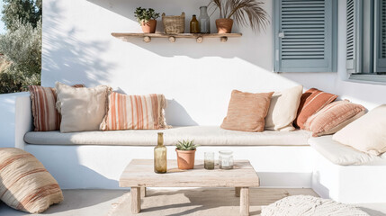 Mediterranean minimalist outdoor lounge with cushions and wooden table