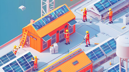 Solar farm workers in orange uniforms installing solar panels while engineers collaborate on new installations and battery technology.


