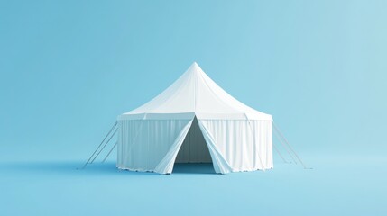 White party tent, open entrance, blue background, event setup