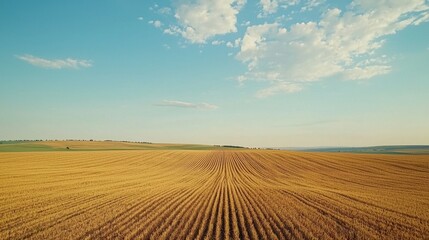 Golden Wheat Field Under Clear Sky with Soft Clouds Above