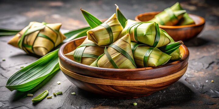 Delicious Malaysian Ketupat Palas Glutinous Rice Cakes in Ceramic Bowl