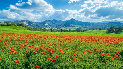 Vibrant Orange Poppies Blooming in a Scenic Mountain Landscape