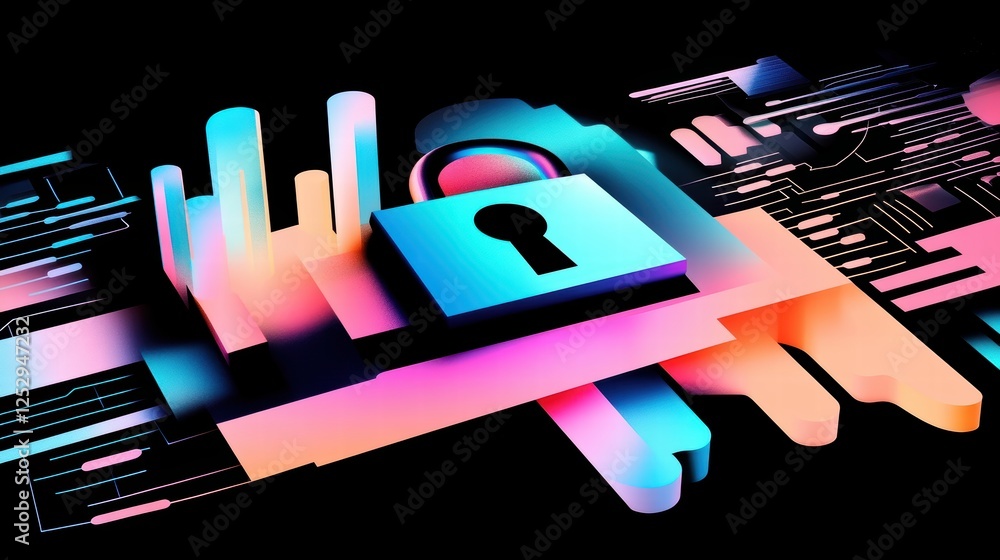 Poster a cybersecurity concept with a futuristic fingerprint scanner and a digital padlock overlayed on a g
