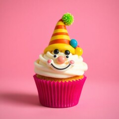 Cheerful clown-themed cupcake with colorful decorations against a vibrant pink background