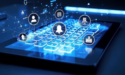Digital communication, notifications, tablet keyboard, data flow, technology, online business