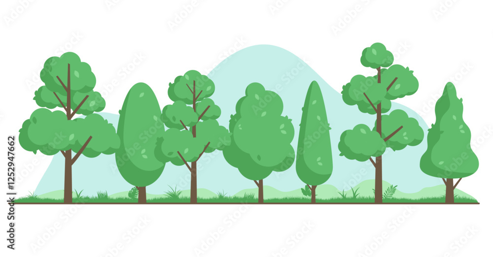 Poster vector tree background graphic - set of various simple cute cartoon 2d trees in flat design standing